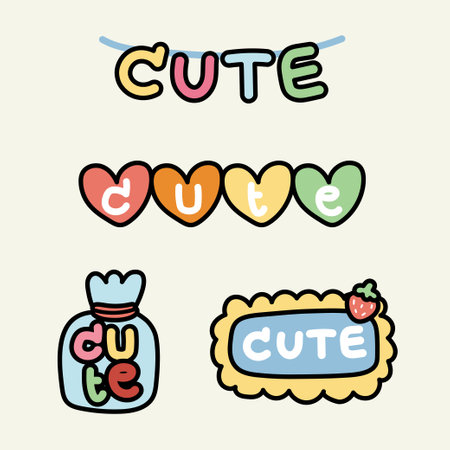 Set of word of cute text on paper.Cartoon hand drawn collection.Lovely meaning.Kawaii.Vector.Illustration.の写真素材