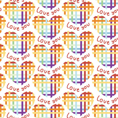 Seamless pattern of cute rainbow heart with love you text hand drawn on white background.Image for card,poster,valentines day,pride month.Kawaii.Vector.Illustration.のイラスト素材