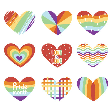 Set of cute heart in rainbow color on white backgorund.Pride month concept.Valentines day.Love is love.Heart cartoon hand drawn collections.Kawaii.Vector.Illustration.のイラスト素材