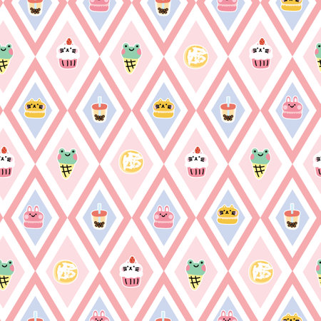 Seamless pattern of cute bakery hand drawn on pink pastel background.Animal character cartoon.Cat and rabbit macaron,frog ice cream,bubble milk tea,bread.Kawaii.Vector.Illustrationのイラスト素材