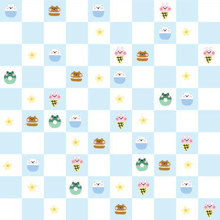 Seamless pattern of cute dessert in animal shape design.Kid cartoon.Bear,rabbit,frog hand drawn background.Donut,ice cream,macaron.Baby clothing.Kawaii.Vector.Illustration.のイラスト素材