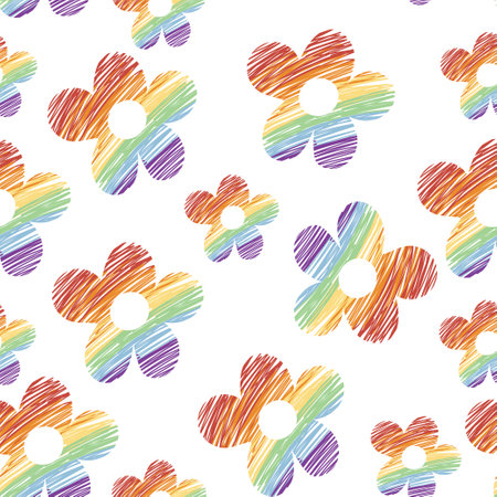 Seamless pattern of cute flower rainbow color on white background.Pride month concept.Floral print screen.Kawaii.Vector.Illustration.の写真素材