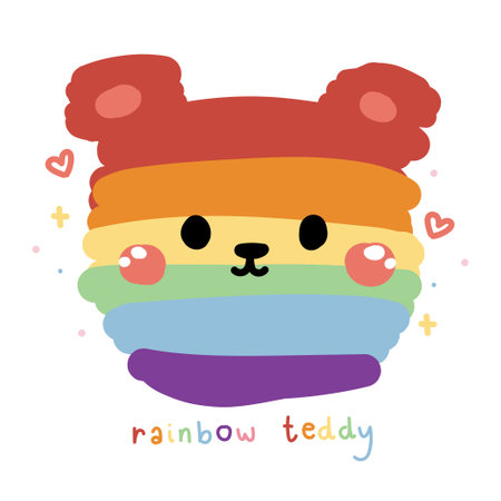 Cute face teddy bear in rainbow color on white background.Pride month conept.Wild animal character deign.Kawaii.Vector.Illustration.のイラスト素材