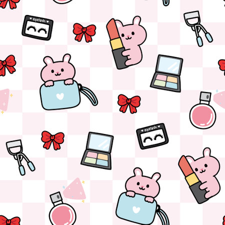 Seamless pattern of cute rabbit with cosmetic pastel background.Bunny character cartoon hand drawn.Makeup.Lipstick,bow,perfume,eyelash.Kawaii.Vector.Illustration.のイラスト素材