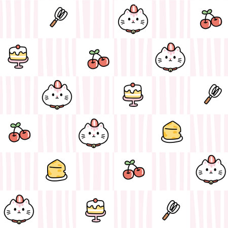 Seamless pattern of cute face cat with strawberry on pink pastel color background.Bakery concept.Cheese,cherry,cake,whisk hand drawn.Meow lover.Kawaii.Vector.Illustration.の写真素材