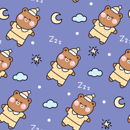 Seamless pattern of cute teddy bear sleep with moon and cloud background.Wild animal character cartoon design.Baby clothing.Kawaii.Vector.Illustration.のイラスト素材