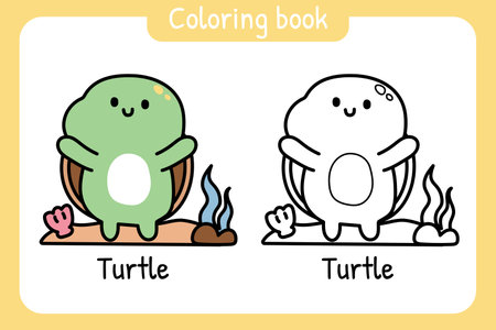 Coloring book.Painting book for kid.Cute turtle with shell and coral cartoon hand drawn.Animal sea beach.Kawaii.Vector.Illustration.のイラスト素材
