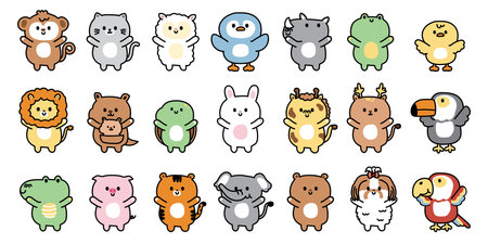 Set of cute animals in greeting poses stand on white background