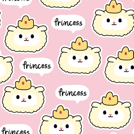 Seamless pattern of cute sheep head wear crown with princess on pink background.Farm animal face cartoon hand drawn.Kawaii.Vector.Illustration.のイラスト素材