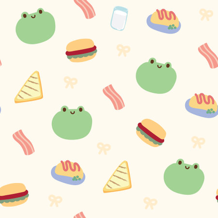 Seamless pattern of cute frog with food tiny icon on pastel background.Breakfast concept.Reptile animal character design.Baby clothing.Kawaii.Vector.Illustration.の写真素材