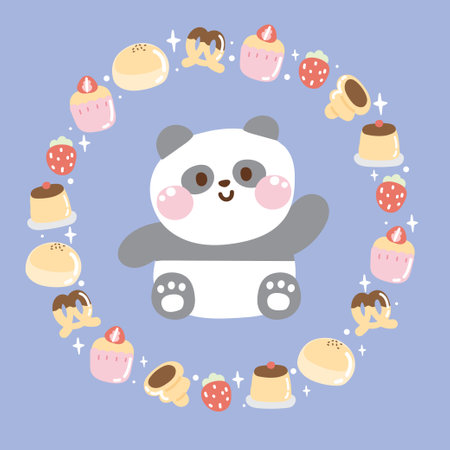 Cute panda bear sit in circle icon tiny frame cartoon hand drawn.Logo.Pastel color.Wild animal.Cake,strawberry,puddong,chocolate.Kawaii.Vector.Illustration.のイラスト素材