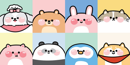 Set of cute chubby animals face on pastel background.Wild,pet,farm hand drawn collection.Fat animal hand drawn.Face.Baby graphic.Kawaii.Vector.Illustration.のイラスト素材