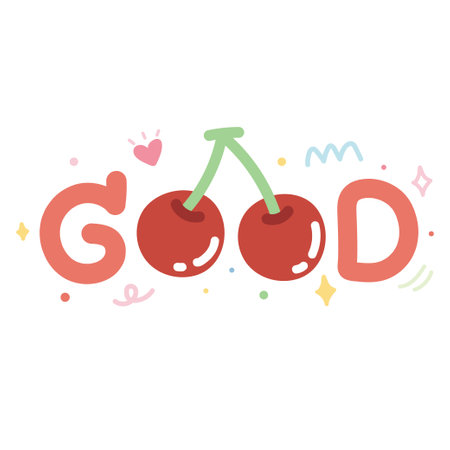 Cute text good with cherry on white background.Word hand drawn.Fruit icon.Pastel concept.Image for card,sticker,decoration.Kawaii.Vector.Illustration.のイラスト素材