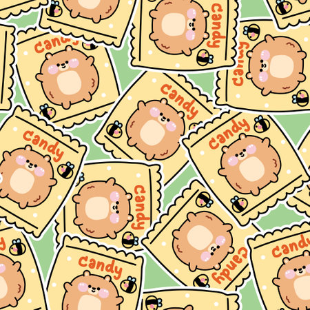 Seamless pattern of cute candy chubby bear package background.Fat wild animal character cartoon design.Funny teddy.Food.Dessert.Sweet.Kawaii.Vector.Illustration.のイラスト素材