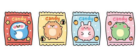 Set of cute animal on candy package.Animal character cartoon design.Panguin,teddy bear,rabbit,frog hand drawn.Dessert.Sweet.Kawaii.Vector.Illustration.のイラスト素材