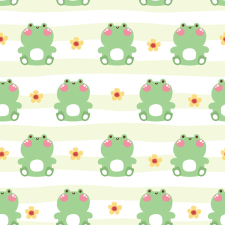Seamless pattern of cute smile frog sit with flower on white background.Pastel.Reptile animal character cartoon design.Image for card,poster,baby clothing.Kawaii.Vector.Illustration.のイラスト素材