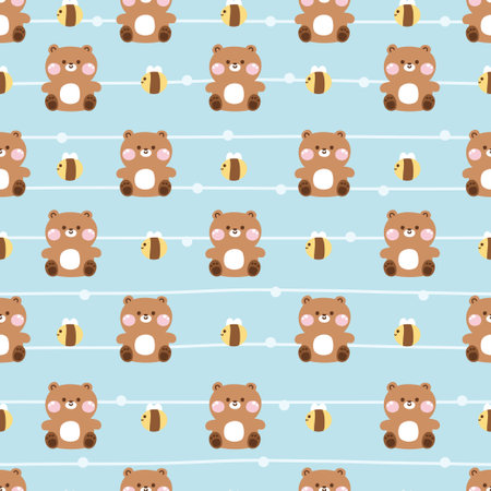 Seamless pattern of cute teddy bear sit with bee on blue background.Wild animal character cartoon design.Image for card,poster,sticker,baby clothing.Kawaii.Vector.Illustration.のイラスト素材