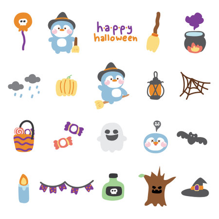 Set of cute icon penguin witch in halloween concept.Festival.Autumn.October.Bird animal character cartoon design.Ghost,spider web,pumpkin,candy drawn.Kawaii.Vector Illustration.のイラスト素材