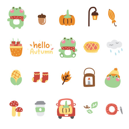 Icon collection.Set of cute Frog in autumn concept.Reptile animal character cartoon design.Fall season.Pumpkin,acorn,cherry,mushroom hand drawn.Kawaii.Vector.Illustration.のイラスト素材