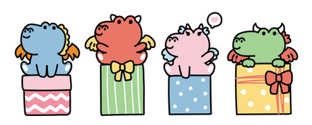 Set of cute dragon stay on gift box on white background.Jurassic animal character cartoon design.Happy birthday.Happy new year 2024.Kawaii.Vector.illustration.のイラスト素材