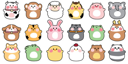 Set of cute chubby animals doll.Fat animal cartoon character design collection.Zoo.Farm.Pet.Wild.Reptile.Rodent.Kawaii.Vector.Illustration.のイラスト素材