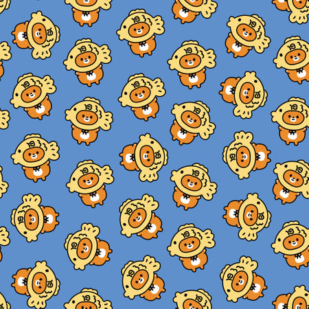 Seamless pattern of cute cat wear fish head costume.Pet animal character cartoon design.Funny meow hand drawn.Image for card,poster,baby clothing.Kawaii.Vector.Illustration.のイラスト素材