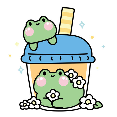 Cute frog in milk tea beverage with flower on white background.Reptile animal character cartoon design.Sweet.Drink.Kawaii.Vector.Illustration.のイラスト素材