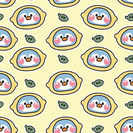 Seamless pattern of cute penguin face in lemon with leaf on pastel background.Bird animal character cartoon design.Image for card,poster,baby clothing.Fruit hand drawn.Vector.のイラスト素材
