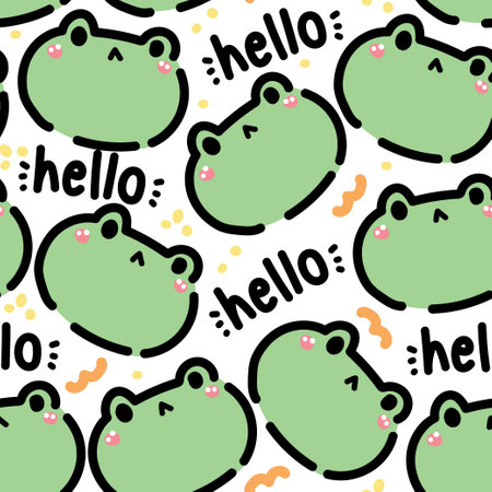 Seamless pattern of cute frog face with hello word on white background.Reptile animal character cartoon design.Baby clothing.Kawaii.Vector.Illustration.Illustrator.のイラスト素材