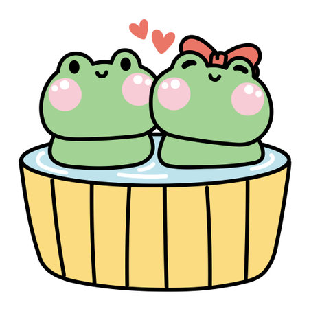 Cute couple frog stay in bath together.Onsen time.Shower.Valentines day.Reptile animal character cartoon design.Kawaii.Vector.Illustration.のイラスト素材