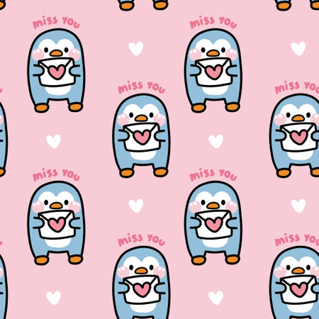 Seamless pattern of cute penguin hold love mail with heart on pink background.Bird animal character cartoon design.Valentines day.Heart.Kawaii.Vector.Illustration.のイラスト素材