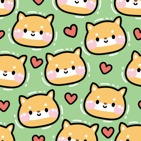 Valentines day.Seamless pattern of cute shiba inu dog face with heart background.Pet animal charatcer cartoon design.Baby clothing print screen.Japanese.Kawaii.Vector.Illustration.のイラスト素材