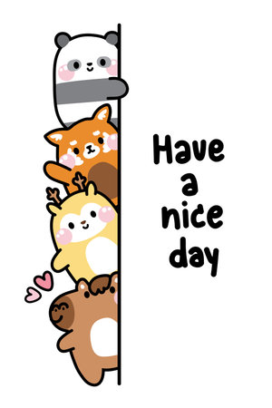 Cute animals hide at the wall with have a nice day text.Peeking.Greeting.Panda bear,deer,horse,red panda hand drawn.Wild and farm animal character cartoon design.Kawaii.Vector.のイラスト素材