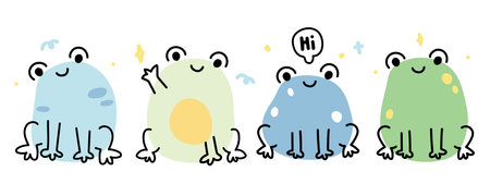 Set of cute frog in line hand drawn style.Reptile animal character cartooon design.Greeting.Isolated.Image for card,poster,baby clothing.Kawaii.Vector.Illustration.のイラスト素材