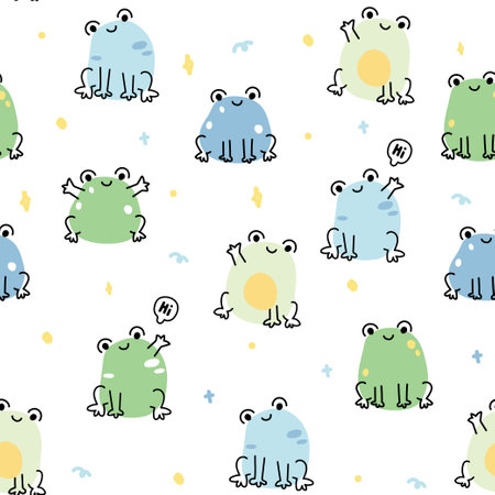 Seamless pattern of cute frog in line hand drawn style.Reptile animal character cartooon design.Greeting.Kid clothing screen.Image for card,poster,baby clothing.Kawaii.Illustrationのイラスト素材