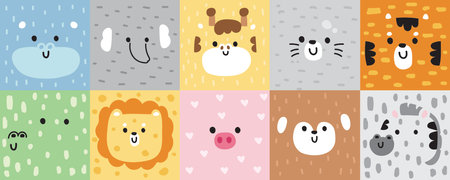Set of cute animals face cartoon have hair texture skin on...