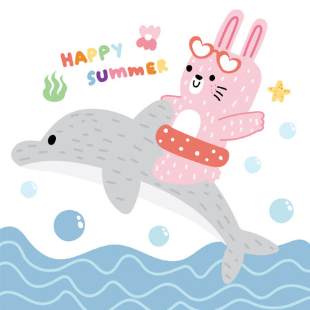 Cute rabbit soft hair on dolphin ocean background.Rodent and marine animal character cartoon design.Sea life.Summer concept.Shell,tarfish,seaweed hand drawn.Kawaii.Vector.のイラスト素材