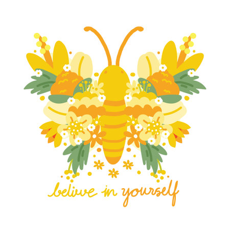 Cute butterfly flower wing cartoon hand drawn with text on white background.Believe in yourself slogan.Spring.Nature.Floral.のイラスト素材