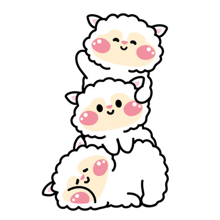 Cute sheep stay on top each other greeting.Farm animal character cartoon design.Image for card,poster,sticker,baby clothing,t shirt print screen.Relax.Lay.Vector.Illustrationのイラスト素材