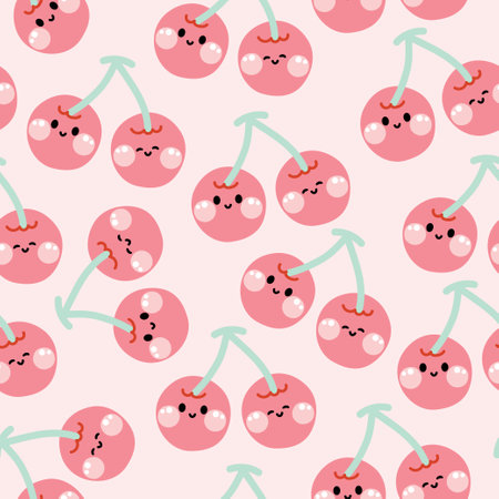 Seamless pattern of cute cherry smile face background.Catoon character design.Pastel fruit.Wallpaper.Banner.Paper gift.Kid graphic.Kawaii.Vector.Illustration.のイラスト素材