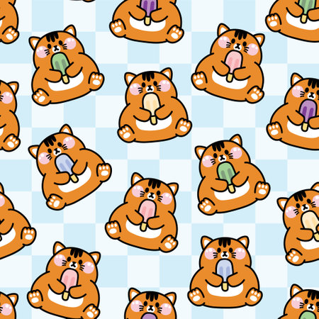 Seamless pattern of cute cat hold ice cream on pastel background.Pet animal character cartoon design.Image for card,baby product,Print screen clothing.Meow lover.Kawaii.Vector.のイラスト素材