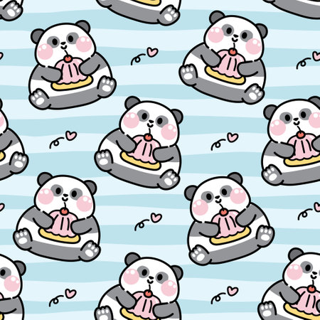 Seamless pattern of cute panda bear hold jelly with heart icon background.Wild animal character cartoon design.Image for card,Print screen clothing.Kawaii.Vector.Illustration.のイラスト素材