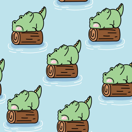 Seamless pattern of cute crocodile lay on wood river background.Reptile animal character cartoon...