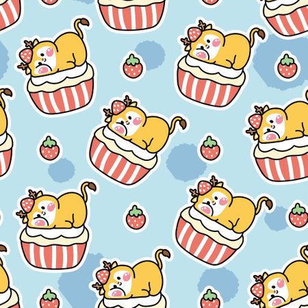 Seamless pattern of cute deer lay on cupcake with strawberry sticker background.Wild animal character cartoon design.Image for card,sticker,baby clothing.Kawaii.Vector.Illustrationのイラスト素材