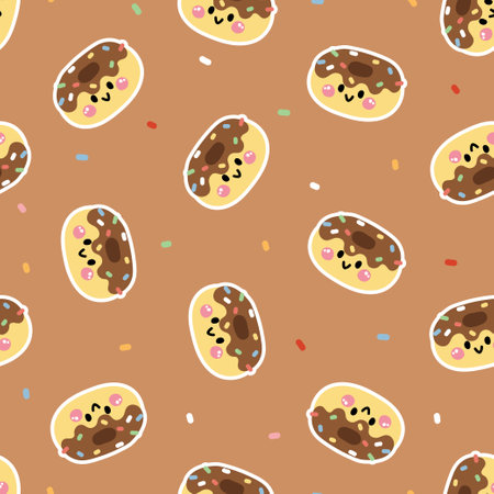 Seamless pattern of cute smile face chocolate donut with colorful candy background.Cafe.Bakery.Sweet.Dessert.Character cartoon design.Image for card,poster,baby clothing.Kawaii.のイラスト素材