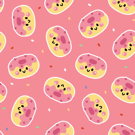 Seamless pattern of cute smile face strawberry donut with colorful candy background.Cafe.Bakery.Sweet.Dessert.Character cartoon design.Image for card,poster,baby clothing.Kawaii.のイラスト素材