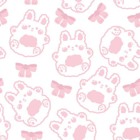 Seamless pattern of cute rabbit doll pink line hand drawn with bow on white background.Rodent animal character cartoon design.Kawaii.Vector.Illustration.のイラスト素材