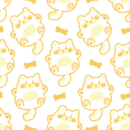 Seamless pattern of cute shiba inu dog doll orange and yellow line hand drawn with bone on white background.Japanese pet animal character cartoon design.Kawaii.Vector.Illustration.のイラスト素材