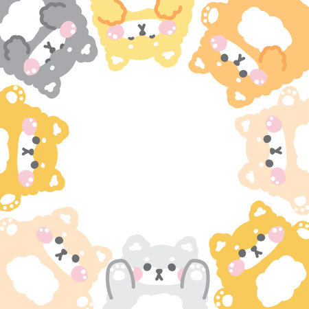 Cute shiba inu dog in various poses frame background.Japanese pet animal character cartoon design.Image for card,sticker,paper note,baby product.Kawaii.Vector.Illustration.のイラスト素材