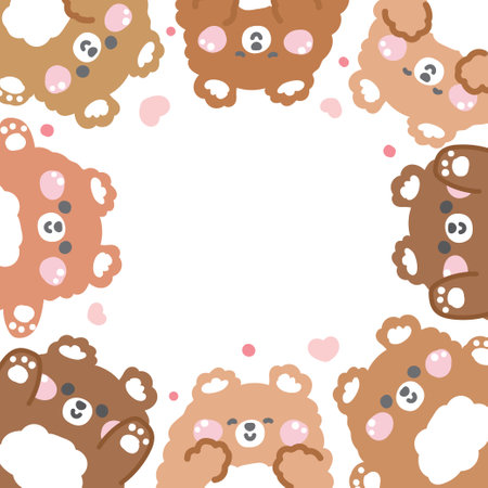 Cute teddy bear doll with heart in various poses frame background.Wild animal character cartoon design.Image for card,sticker,paper note,baby product.Kawaii.Vector.Illustration.のイラスト素材